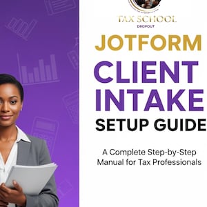 Puede incluir: Una mujer con una blazer gris sostiene una pila de papeles junto a la portada de un libro. La portada presenta el texto "Jotform Client Intake Setup Guide" en dorado y morado, con las palabras "Tax School Dropout" en la parte superior.