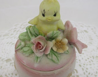 Vintage Spring Chick Trinket Box: Bisque Porcelain Easter Decor
