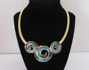Vintage 1980s, Gold Tone Enamel Swirl ,Statement Necklace