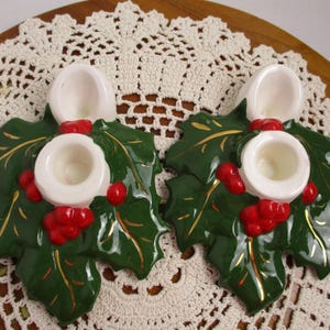Vintage Handmade Ceramic Candle Holders: Holly Berry Christmas Decor