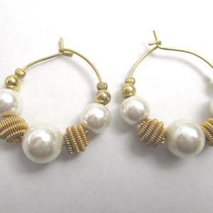 Pierced Earrings, Retro Hoop  Faux pearl, gold tone beads, Vintage earrings