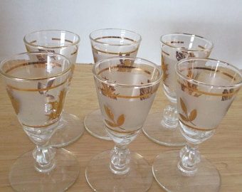 Vintage Cordial Glasses, MCM Libbey ,Frosted & Golden Foliage, Set of 6