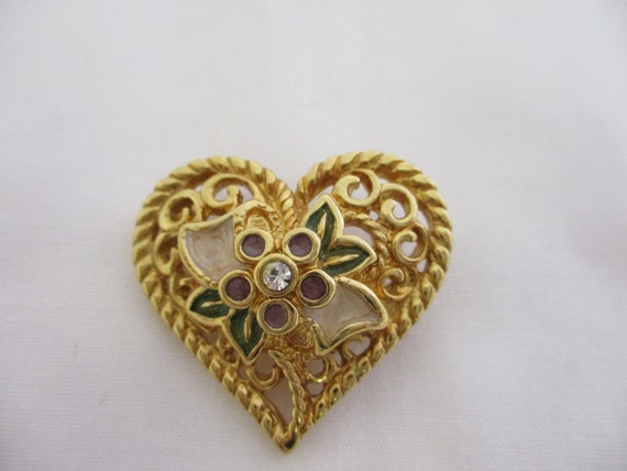 Vintage Gold Tone Heart, Brooch / Pendant - image 3