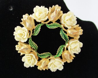 Mamselle Floral Brooch: Mid Century, celluloid roses, Gold Tone Circle Pin