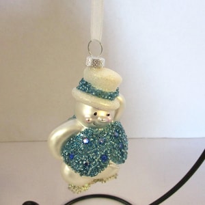 Vintage Glass Snowman Ornament, Blue Glitter Holiday Decoration, Christmas Tree Decor Winter Collectible Gift