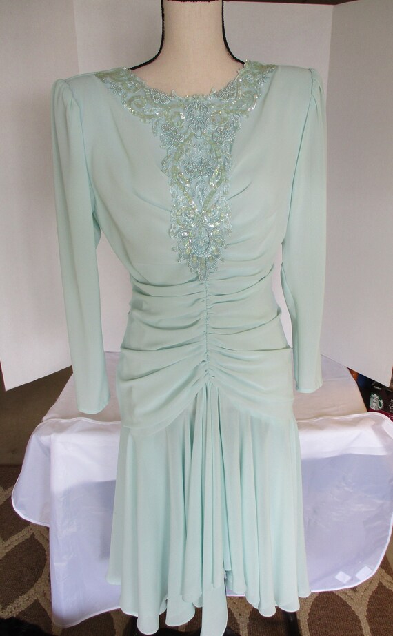 Vintage Wedding Guest Dress, Mint Green Beaded