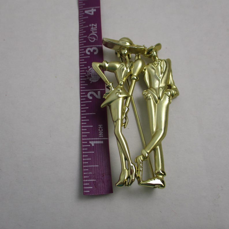 Vintage Art Deco Couple Brooch, Gold Tone Gatsby Pin image 2