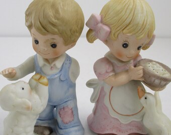 Homco Boy with Lamb & Girl with Goose Figurines: Vintage Bisque Ceramic Decor