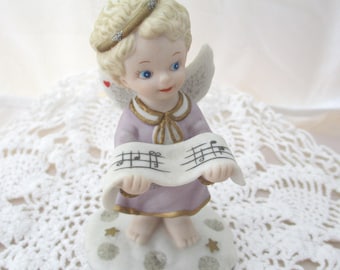 Vintage Angel Figurine: Bisque Porcelain, Glitter Wings, Lavender Robe