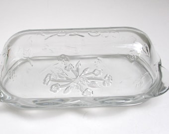 Anchor Hocking Savannah Butter Dish with Embossed Floral Lid, Vintage Glass