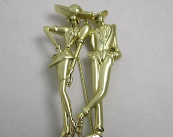 Vintage Art Deco Couple Brooch, Gold Tone Gatsby Pin