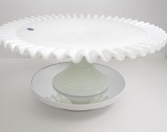 Fenton Milk Glass Cake Stand | Ruffled Edge Pedestal, Hobnail Base