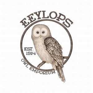 May include: A brown and white owl perched on a branch inside a circle with the text "Eeylops Owl Emporium Est. 1914".