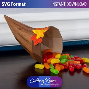 Modello SVG per cestino di carta cornucopia 3D - Decorazione per la casa e centrotavola per il Ringraziamento - Scatola per regali, bomboniere e dolcetti autunnali - Download digitale
