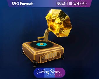 3D Gramophone Box SVG Paper Craft - Record Player Prop & Vintage Table Centerpiece - Antique Phonograph Template - Digital Download