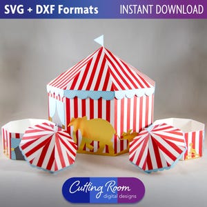 Modelo SVG DXF para tenda de circo e carnaval 3D - Conjunto de lembrancinhas e caixa de presente para festa em papel artesanal - Decoração de centro de mesa com tenda grande - Download digital