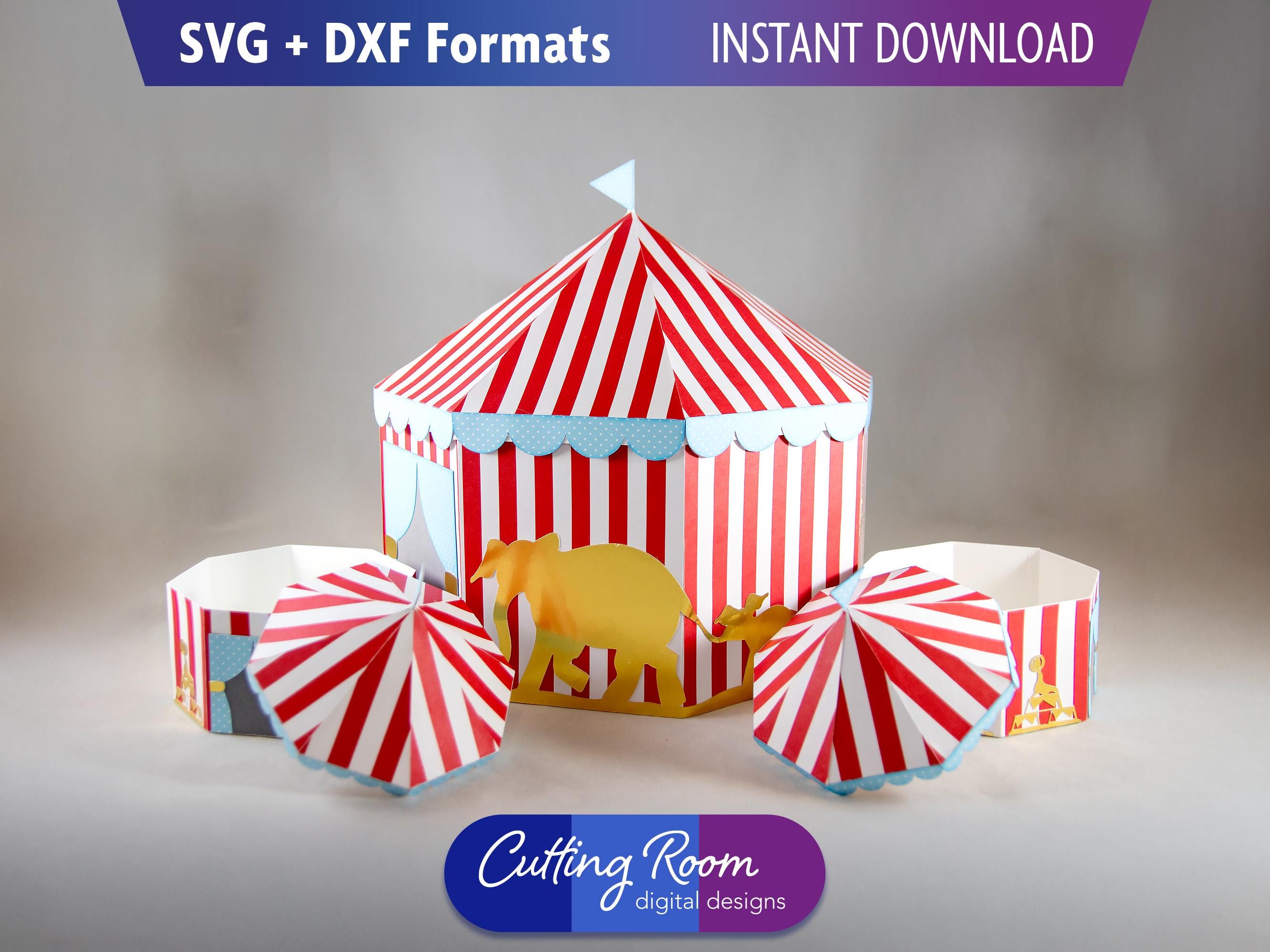 3D Circus Carnival Tent SVG DXF Template - Paper Craft Party Treat Favor & Gift Box Set - Big Top Centerpiece Decoration - Digital Download