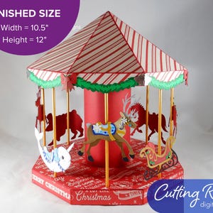 The carousel has 8 characters on the carousel, a narwhal, a reindeer, and a sled are visible. The carousel is decorated with a red and white striped roof and a red base. A banner indicates that the carousel is about 12 inches tall and 10.5 inches wide.