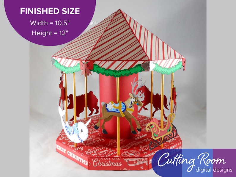 The carousel has 8 characters on the carousel, a narwhal, a reindeer, and a sled are visible. The carousel is decorated with a red and white striped roof and a red base. A banner indicates that the carousel is about 12 inches tall and 10.5 inches wide.