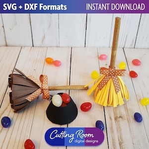 Modello SVG DXF per scatola porta-caramelle a forma di scopa 3D - Porta-caramelle e dolcetti di carta per Halloween - Regalo autunnale per strega o mago - Download digitale