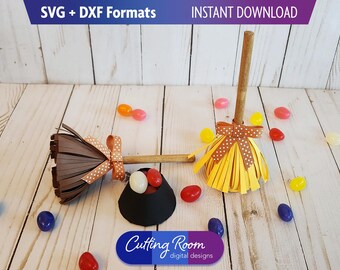3D Broom Favor Box SVG DXF Template - Paper Craft Halloween Broomstick Candy and Treat Holder - Fall Witch or Wizard Gift - Digital Download
