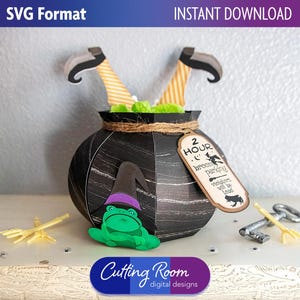 3D Witch Cauldron Gift Box SVG Template - Funny Paper Craft Halloween Decor & Broom Parking Sign - Leprechaun Pot o Gold - Digital Download