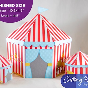 Finished sizes for the circus tent boxes are as follows: for the large tent, it is approximately 10.5" by 11.5" and for the small tent box, it is 4" by 5" in size.