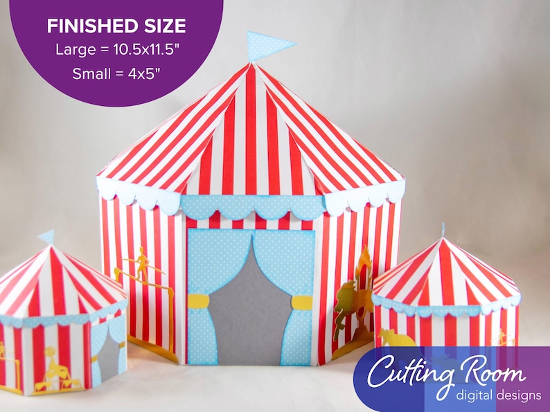 Finished sizes for the circus tent boxes are as follows: for the large tent, it is approximately 10.5" by 11.5" and for the small tent box, it is 4" by 5" in size.