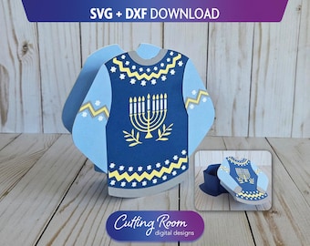 Hanukkah Ugly Sweater Gift Box SVG & DXF Template - Layered Paper Chanukah Holiday Menorah Favor, Snack and Treat Box - Digital Download