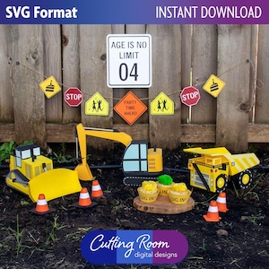 3D Construction Party Decor SVG Bundle - Dump Truck, Excavator, Bulldozer Template Set - Traffic Cone Favor Box and More - Digital Download