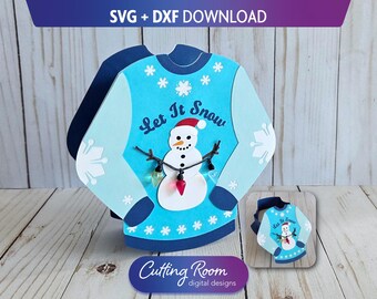 Snowman Ugly Xmas Sweater Gift Box SVG DXF Template - Layered Paper Wrap for Christmas & Holiday Treats and Favors - Digital Download