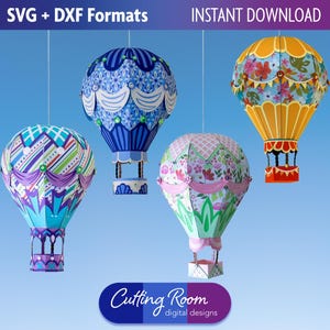 Hängender 3D Heißluftballon SVG & DXF Bundle - 4er Set Vorlagen - Kinderzimmer, Geburtstag, Ruhestand, Abschlussfeier Dekor - Digitaler Download