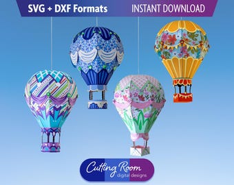 Hanging 3D Hot Air Balloon SVG & DXF Bundle - Set of 4 Templates - Nursery, Birthday, Retirement, Graduation Party Decor - Digital Download