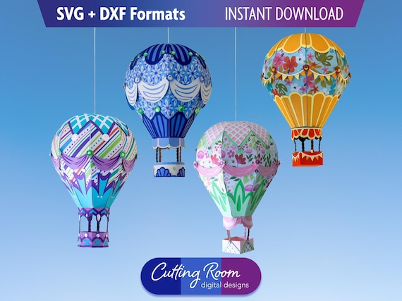 Hanging 3D Hot Air Balloon SVG & DXF Bundle - Set of 4 Templates - Nursery, Birthday, Retirement, Graduation Party Decor - Digital Download