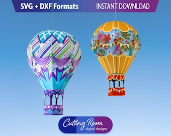 Hanging 3D Hot Air Balloon SVG DXF Templates - Paper Bunting & Crown Layered Cut Files - Graduation, Retirement, Birthday - Digital Download