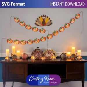 Pacchetto di modelli SVG per decorazioni del Ringraziamento - Set di tacchini in carta 3D, scatola di zucca, cornucopia, portacandele e striscioni da parete - Download digitale