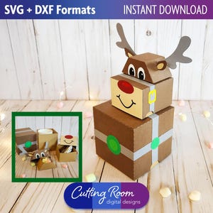 Santa's Reindeer gelaagde geschenkdoos Trio SVG DXF-sjabloonset - stapelen van gelaagd papier Kerst- en vakantiecadeaupapier - digitale download