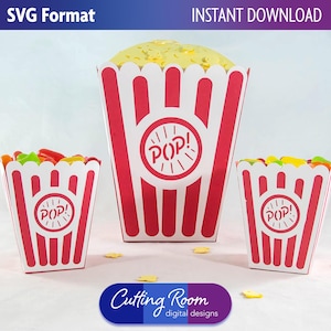 Modelo SVG de caixa de presente e guloseimas com balde de pipoca 3D - Caixas para doces, salgadinhos e lembrancinhas, faça você mesmo, faça você mesmo, download digital