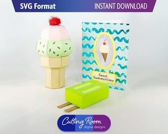 Bundle SVG - coffret cadeau 3D crème glacée & popsicle - porte-cartes cadeau été et ensemble de cartes de voeux cône sundae - téléchargement numérique