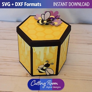 Caixa de presente em formato de favo de mel com gotas de mel - Lindos detalhes florais e de abelhas - Download digital SVG e DXF