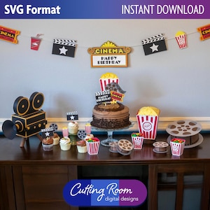 Antique Movie Themed Party Decor, Cake and Cupcake Toppers, and Gift Box Bundle - Digital Download SVG