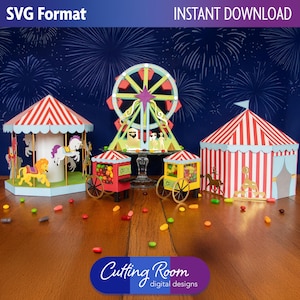 Circus Party Decoration 3D SVG Template Bundle - Paper Craft Carnival Decor - Table Centerpiece and Candy Boxes - Digital Download