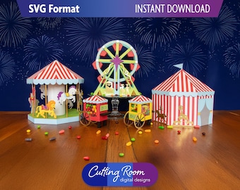 Circus Party Decoration 3D SVG Template Bundle - Paper Craft Carnival Decor - Table Centerpiece and Candy Boxes - Digital Download