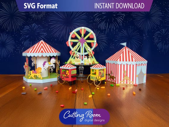 Circus Party Decoration 3D SVG Template Bundle - Paper Craft Carnival Decor - Table Centerpiece and Candy Boxes - Digital Download