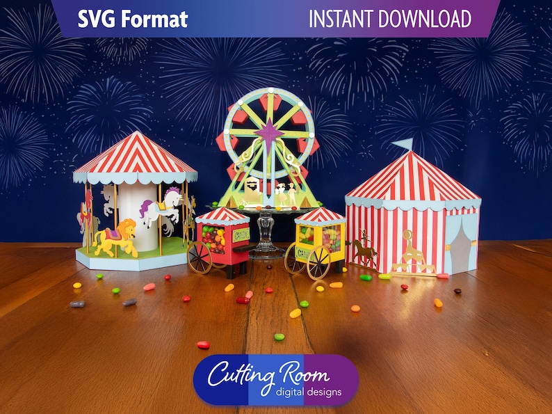 A set of carnival themed papercraft decorations. The decorations include a carousel, a Ferris wheel, a tent, and two candy carts. The decorations are all red, white, and blue. The text on the image reads 'SVG DIGITAL DOWNLOAD' and 'Cutting Room digital designs'.