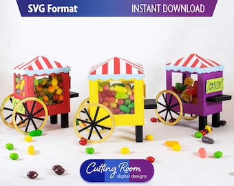 3D Zirkus Candy & Popcorn Warenkorb SVG Vorlage | Papier Karneval Leckerli Halter, Geschenk und Favor Box - Digital Download