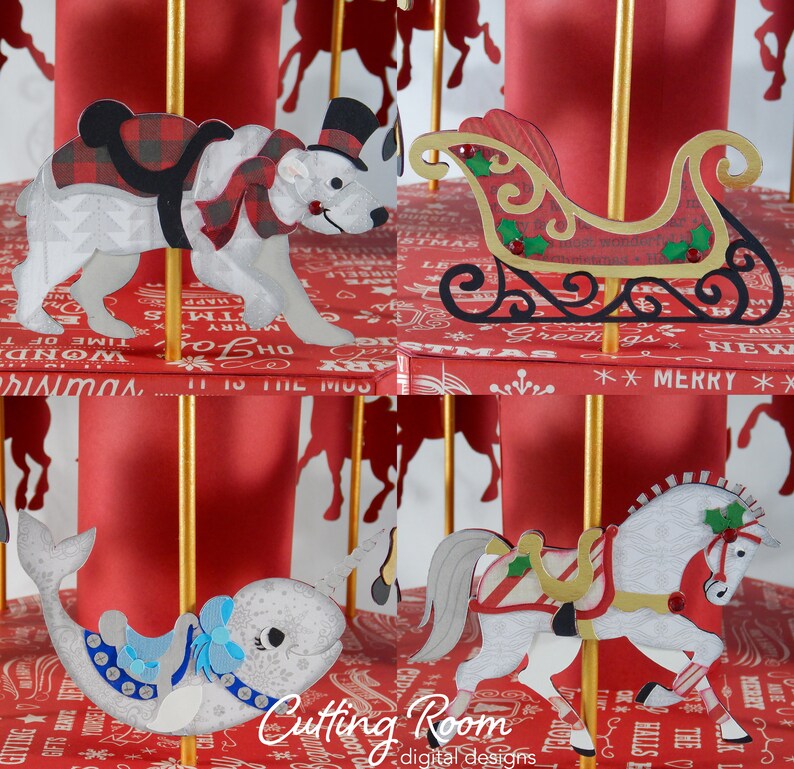 A red and gold carousel with four different ornaments. The ornaments are a white polar bear with a red and black plaid scarf, a red sleigh with green holly and red berries, a white narwhal with a blue and silver saddle, and a white horse with a red and white striped saddle and green holly.