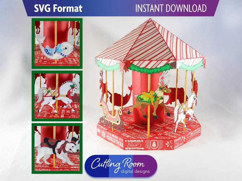 The carousel has 8 characters on the carousel, a reindeer, a horse, and a sleigh are visible. Three inset photos show the horse, a polar bear, and a narwhal in detail. The carousel is decorated with a red and white striped roof and a red base. The base has the words 'Merry Christmas' printed on it.  On the left side there are three photos of other carousel characters, a reindeer, a horse, and a narwal.