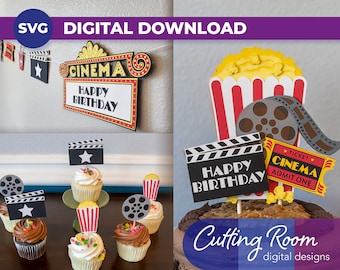 Movie Party Cake and Banner Decorations - Digital Download SVG