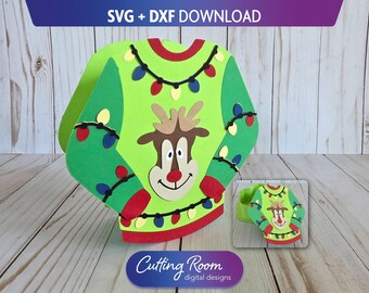 Reindeer Ugly Xmas Sweater Gift Box SVG & DXF Template - Layered Paper Holiday and Christmas Snack, Treat, or Favor Box - Digital Download